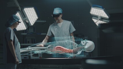 Male and female surgeons in AR headsets perform surgery in operating room using AI. Virtual...