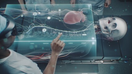 Surgical team work in high-tech operating room, perform virtual heart surgery using holographic display. 3D animation of human skeleton and organs. AI technology in medicine. Future of healthcare.