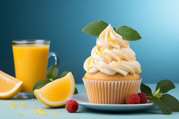 Lemon Poppy Cupcake. Minimalistic lemon dessert on blue background with copy space. 