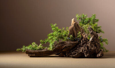 Abstract nature scene with a composition of juniper and dry snags.