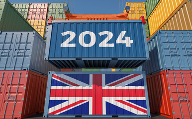 Trading 2024. Freight container with United Kingdom national flag. 3D Rendering 