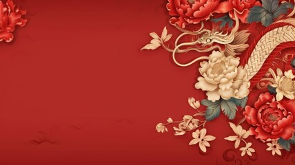 Chinese new year 2024, year of the dragon banner template design with dragon and flower background, red background. copy space - generative ai