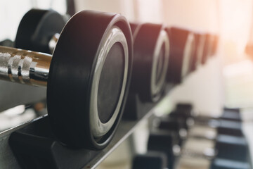 Exercise equipment or dumbbells, which are used to exercise muscles, are placed on shelves inside...