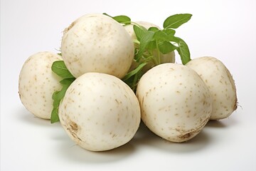 Fresh jicama on white backdrop for attention grabbing visuals in ads and packaging designs