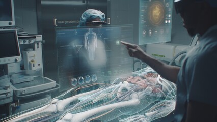 Diverse surgeons in AR headsets work in operating room, perform virtual surgery using holographic display. 3D animation of health monitors and human skeleton. Innovative AI technology in medicine.