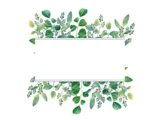 Fototapeta premium Watercolor green floral frame for invitation card on white background.