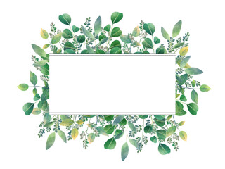Watercolor green floral frame for invitation card on white background.