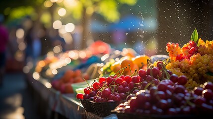 Vibrant farmers market with fresh fruits and colorful beverages in dreamy bokeh background - obrazy, fototapety, plakaty