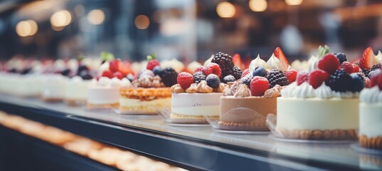 Sumptuous gourmet desserts and coffee drinks in elegant patisserie with hazy blurred bokeh effect - obrazy, fototapety, plakaty