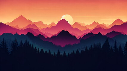 Painting of mountain and forest silhouettes in the evening