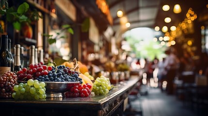 Vibrant farmers  market  soft blurred bokeh background with fresh fruits and colorful beverages - obrazy, fototapety, plakaty