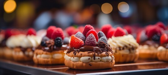 Radiant bokeh background framing gourmet desserts and coffee drinks in elegant patisserie