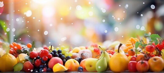 Vibrant farmers market with softly blurred bokeh background, fresh fruits and colorful beverages - obrazy, fototapety, plakaty