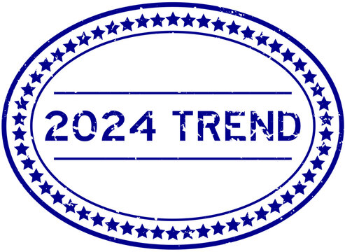 Grunge blue 2024 trend word oval rubber seal stamp on white background