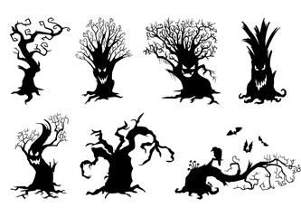 Halloween spooky trees. Cartoon hooked trees. great set collection clip art Silhouette, Black vector illustration on white background. 
