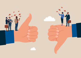 Business people furious arguing on difference thumb up and down. Positive and negative feedback.  Conflict and argument between colleagues, difference opinion, disagree, confrontation.