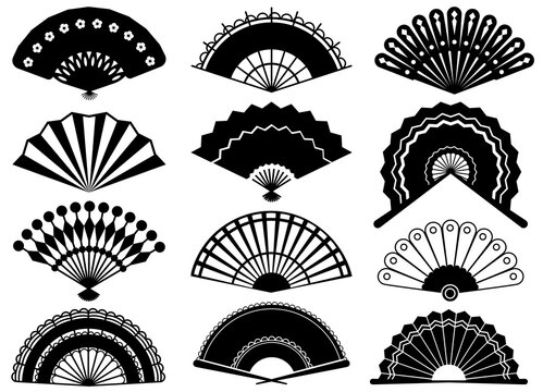 Hand Fans Silhouette. Asian Traditional Paper Folding Hand Fans, Graphic Monochrome Oriental Paper Folding Fans Vector Illustration Icons Set. black Illustration in various themes.