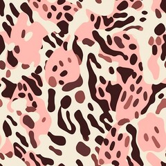 Seamless animalistic pattern with blackpink abstract shapes. Leopard background illustration for fashion and home decor. Pink black and brown camouflage art