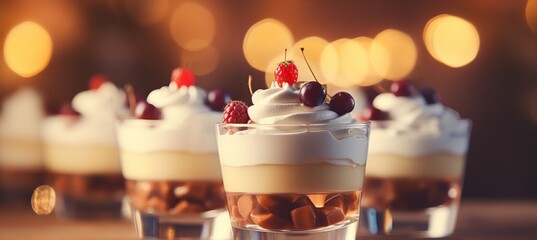 Radiant bokeh background with gourmet desserts and specialty coffee in an elegant patisserie setting - obrazy, fototapety, plakaty