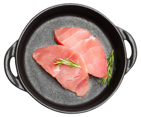 Fresh tuna Fish steak in black ceramic dish isolated