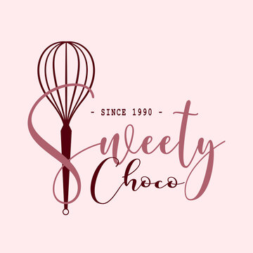Sweet bakery and dessert shop with wire whisk and chocolate logo vintage style design.