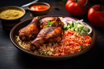Experience the flavors of West Africa with this enticing plate of traditional Jollof rice and grilled chicken - obrazy, fototapety, plakaty