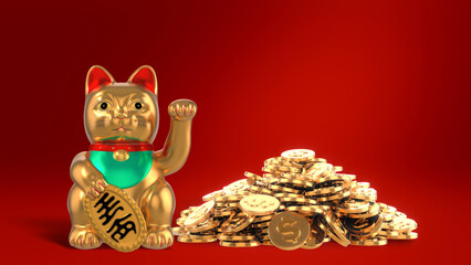 Lucky cat with pile of golden coins background , 3d rendered image .
The translate of text on the label is "ten million coins" .