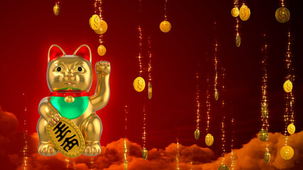 Lucky cat statue with magic falling golden coins on the sky in background ,  3d rendered image .
 The translate of text on the label is "ten million coins" .