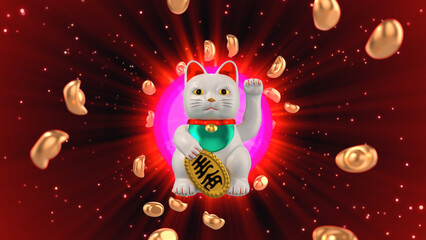 White lucky cat statue with traditional Chinese money ,  3d rendered image .
 The translate of text on the label is "ten million coins" .