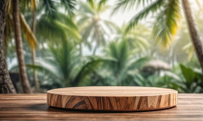 Fototapeta premium Wooden circle product stand on wooden table
