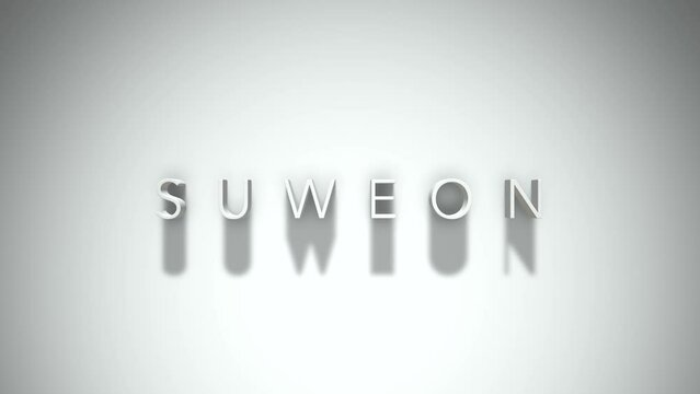 Suweon 3D title animation with shadows on a white background