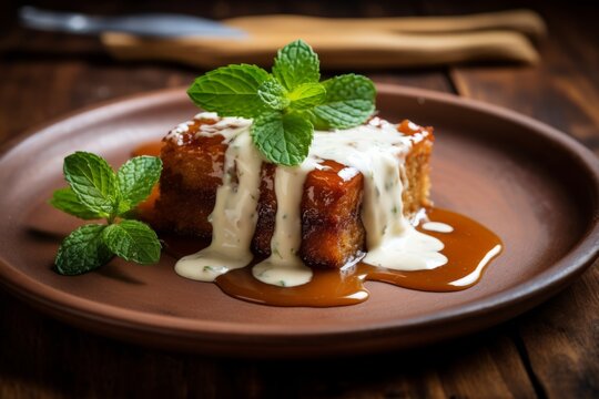 Traditional Malva Pudding, a sweet dessert from South Africa, presented in a rustic dish on a wooden table