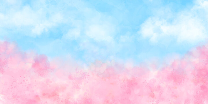 雲と青空と桜をイメージした水彩背景, 春の抽象的なグラデーションイラスト
