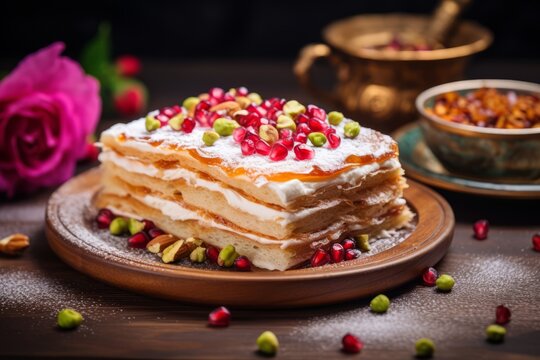 Lokum cake, a traditional Turkish dessert, beautifully presented with a variety of colorful delights on a rustic setting
