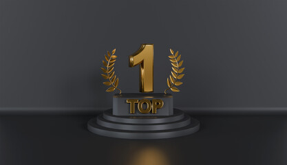 Top 1 podium award sign golden with podium on Black Background