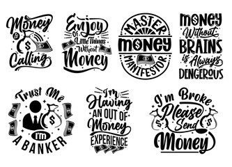 Money Quote Element Design. Hand Drawn Ink Lettering Vector Greeting Quotes. trust me i'am a banker,  master money manifestor, great set collection vector illustration on white background.