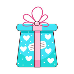 Vector illustration with a turquoise gift box. A box with a heart pattern. The concept of holidays, vacations