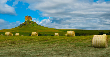 Hay bale harvest beneath Surrender Hill, Free State, South Africa.