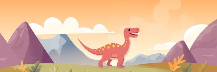 Fototapeta na wymiar Dinossauro em uma paisagem pré-histórica - Ilustração infantil Panorâmico 