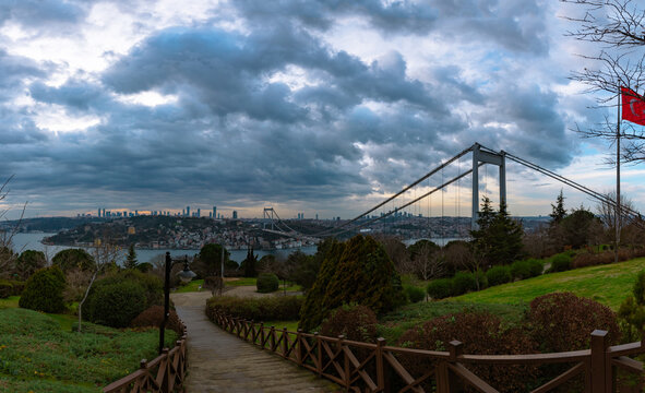 Panoramic view of Istanbul from Otagtepe with overcast weather.