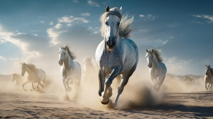 Obraz premium Grey Arabians horse run gallop in dust aganist blue sky. Fast and strong animal