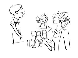 This is an illustration of a party scene where men and women are enjoying wine, champagne, etc.