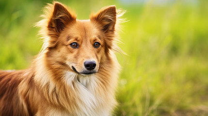 Portrait of a cute brown lassie dog with green grass background. AI Generative