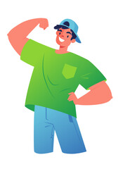 Self-confident person. Male character exude confidence and self-assurance. Cartoon young man  posing with strong pose showing strength and power.