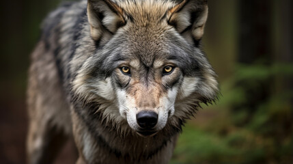 Naklejka na ściany i meble image Portrait of a Grey wolf angry in the forest. AI Generative