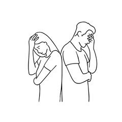A couple's illustration of fighting each other by escalating arguments. A couple's drawing considering parting and divorce. A hand-drawn line illustration.
