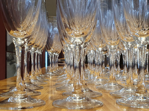 Some glasses on the table in restaurant.