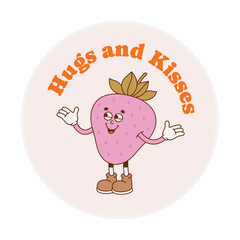 The hand-drawn strawberry retro character with a phrase. Vector illustration in trendy retro cartoon style. Love, Valentine's Day.