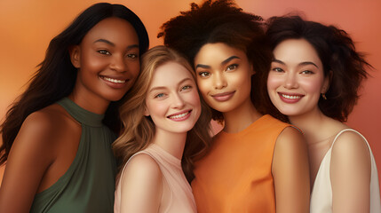 Obraz premium diverse woman with different skin tone standing against orange background