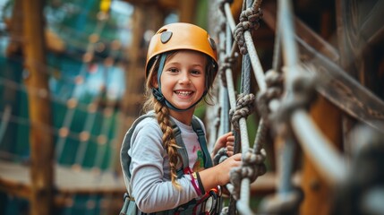 Happy child enjoying activity in climbing adventure in the park. Outdoor activity concept. - obrazy, fototapety, plakaty